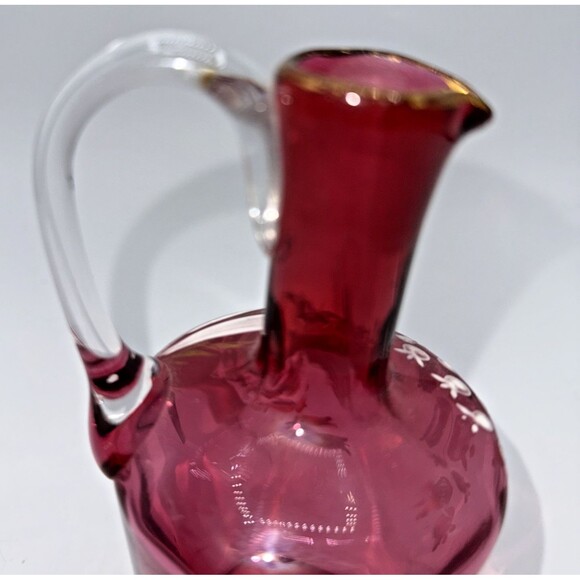 Vintage Victorian Cranberry Glass Jug W/Hand Painted White Flowers Gold Trim 7” - Picture 8 of 16